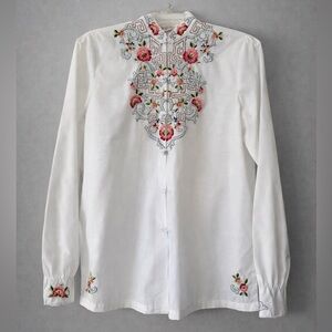 Vintage Blouse white size L floral embroidered long sleeves button up